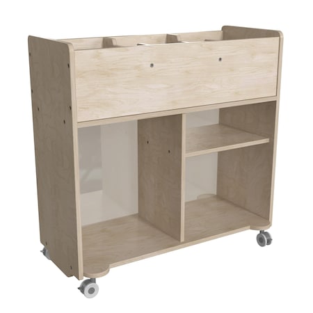 Flash Furniture Bright Beginnings Commercial Double Sided Space Saving Wooden Mobile Storage Cart with Clear Back, Locking Casters and 6 Storage Compartments, Natural MK-KE24268-GG